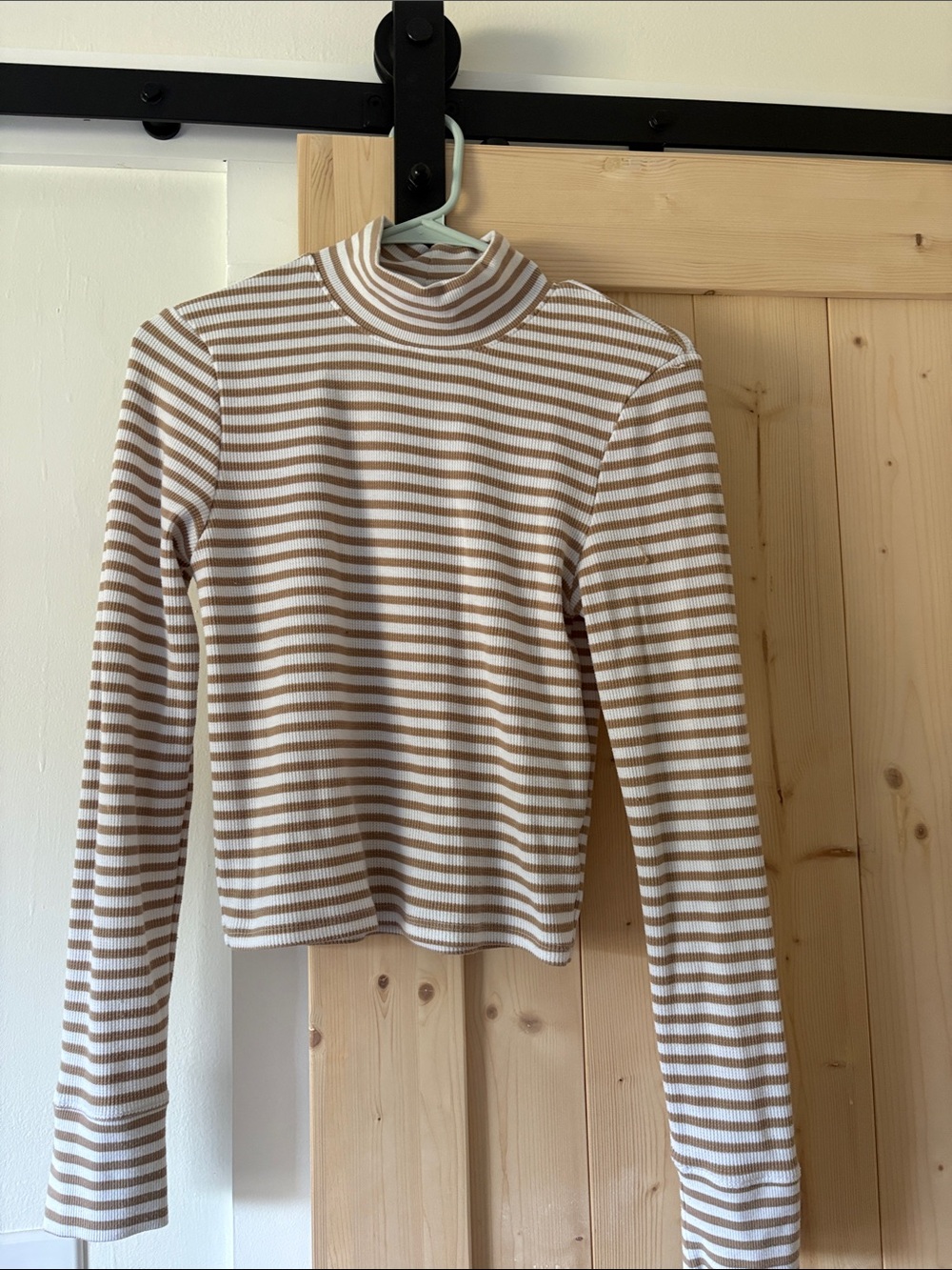 American Eagle Outfitters Striped Mock Neck Crop Top in White and Tan